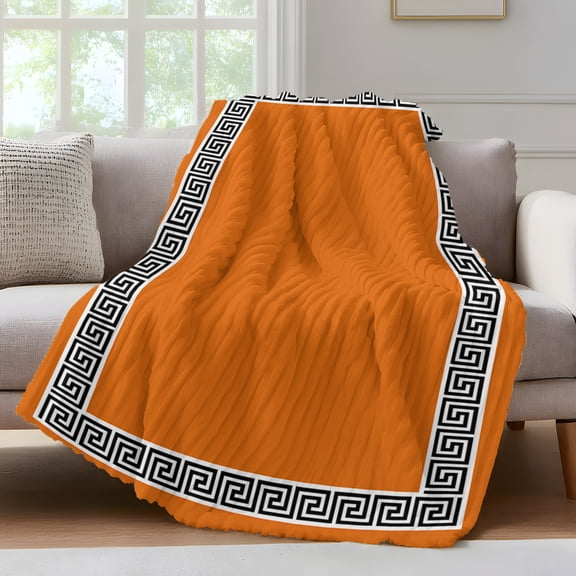 Orange Throw Blanket for Couch Greek Chinese Style Border Geometric Soft and Warm Flannel 3D Striped Fluffy Fuzzy Fleece Blanket Lightweight Throw for Bed, Sofa 30 x 40 Inches