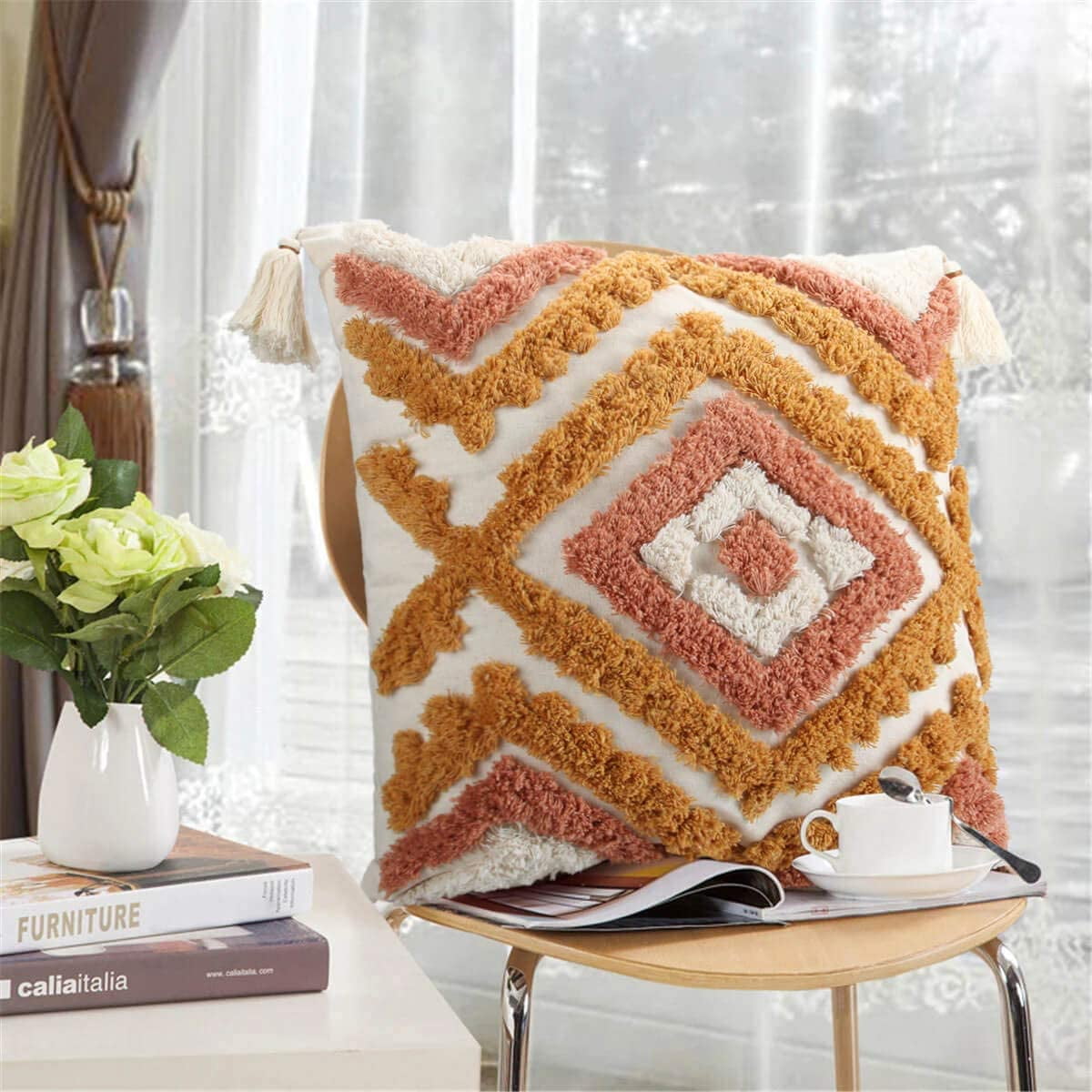 Merrycolor Boho Throw Pillow Covers 18x18 Orange Woven Tufted Decorative  Pillow Covers Modern Accent Bohemian Square Pillow Cases for Couch Sofa
