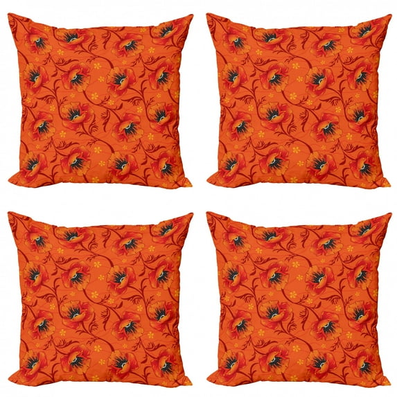 Ambesonne Orange Throw Pillow Cover 4 Pack, Poppy Flower Romance, 16", Burnt Orange Yellow