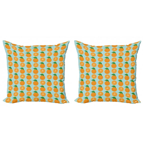 Ambesonne Orange Throw Pillow Cover 2 Pack, Vitamin C Half Cut Fruits, 18", Pale Blue and Orange