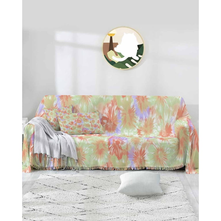 Orange Tie Dyeing Sofa Covers for Cushion Couch,Washable Sectional L  Shape Couch Covers for Dog/Cat/Kid,Stained Green Colorful Rainbow Boho Non 