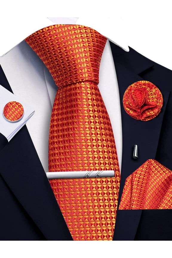 Orange Ties for Men Plaid Checkered Tie Set Silk Necktie Pocket Square Handkerchief Cufflinks Lapel Pin Tie Clip