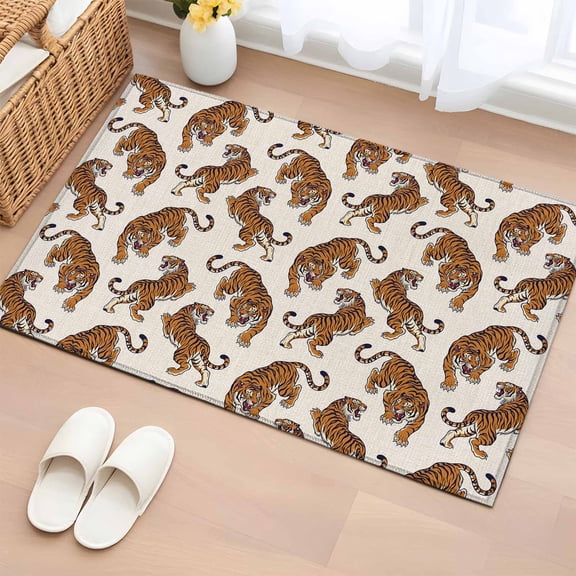 Orange Tiger 2'x3' Rug for Entryway Front Door Kitchen Sink Area, Boho Animals Wild Jungle Beige Linen Texture Low Pile Washable Non Slip Rectangle Area Rug