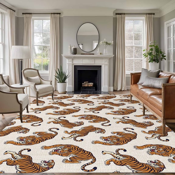 Orange Tiger 8'x10' Large Area Rug for Living Room Sectional Sofa, Boho Animals Wild Jungle Beige Linen Texture Washable Non Slip Low Pile Rectangle Area Rug