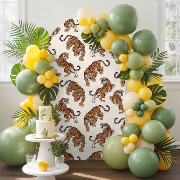 Orange Tiger Arch Backdrop Cover, 6FT, Boho Animals Wild Jungle Beige Linen Texture Spandex Arch Covers Double-Sided Backdrop for Wedding Birthday Party Photo Background Decoration