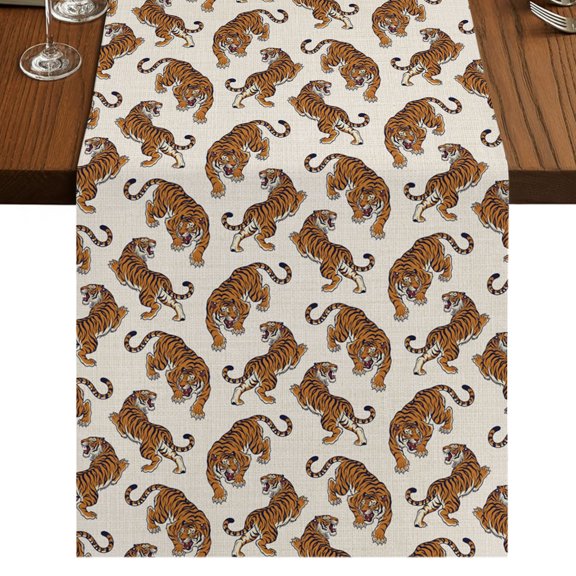 Orange Tiger Burlap Cotton Table Runner 13x70 Inches Long, Farmhouse Animals Farmhouse Table Runners, Outdoor Dining Table Decor for Baby Shower/Party/Wedding