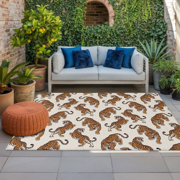 Orange Tiger Indoor Outdoor Rugs 4x6 Ft, Boho Animals Wild Jungle Beige Linen Texture Outdoor Patio Rugs Mat Washable Outside Area Rugs Carpet for Porch Deck RV Camping Pool Balcony Backyard