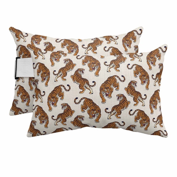 Orange Tiger Outdoor Pillows for Chaise Lounge Chair Beach Headrest Pillow Set of 2 Waterproof Lumbar Pillows with Insert&Adjustable Elastic Strap Farmhouse Animals Neck Pillow for Patio Pool 12"x20"