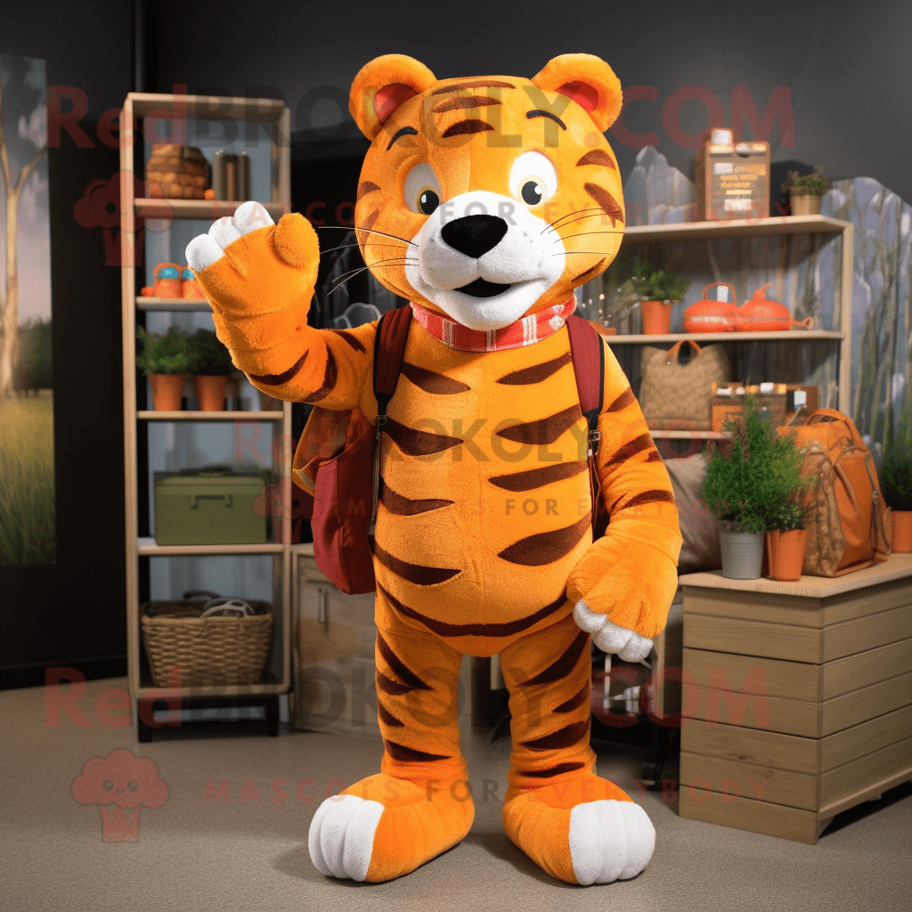 Orange Tiger REDBROKOLY mascot costume character dressed with a Flannel ...