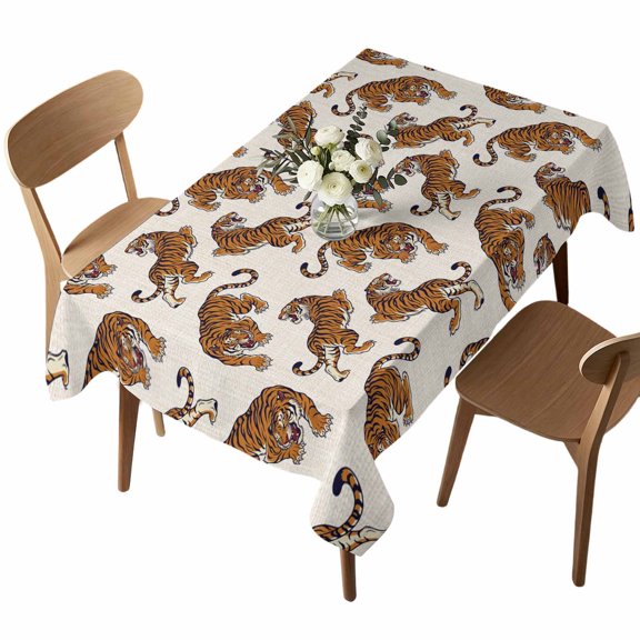 Orange Tiger Rectangle Tablecloth Boho Animals Wild Jungle Beige Linen Texture Waterproof Wrinkle Free Soft Table Cloth Spill-Proof Washable Table Cover for Dining Party Picnic 60 x 102 Inch