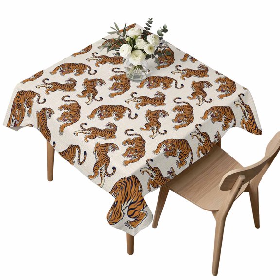 Orange Tiger Square Tablecloth Boho Animals Wild Jungle Beige Linen Texture Waterproof Wrinkle Free Soft Table Cloth Spill-Proof Washable Table Cover for Dining Party Picnic 60 x 60 Inch