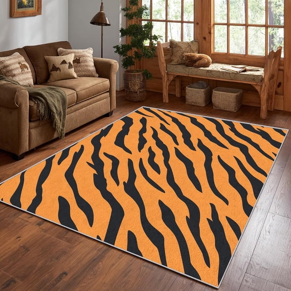Orange Tiger Stripe Area Rug, Wild Animal Print Pattern Carpet, Washable Non Slip Low Pile Soft Thin, Living Room Bedroom Study Office Entrance Home Decor Mat 4x6ft