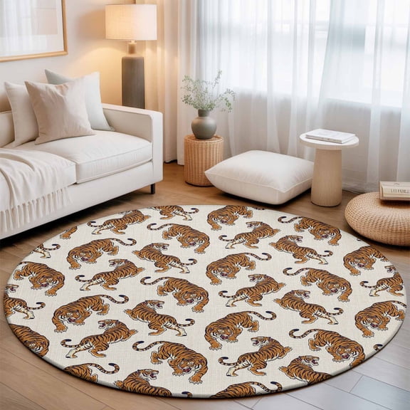 Orange Tiger Washable Round Area Rug 8 ft, Boho Animals Wild Jungle Beige Linen Texture Soft Non Slip Rugs Stain Repellent Indoor Felt Carpet for Living Dining Room Bedroom Home Office
