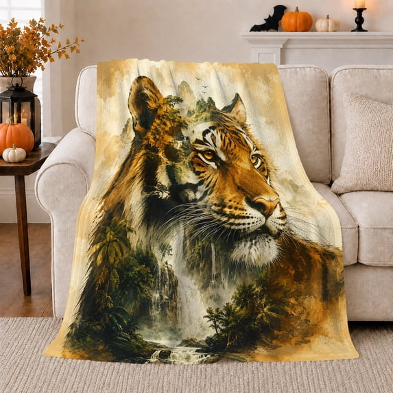 Orange Tiger Waterfall Jungle Scene, Bold Painterly Wildlife Style for Wildlife Lovers, Jungle Waterfall Tiger Theme and Birthday Gift, Cozy Flannel Blanket for Bedroom Living Room, Home Decor