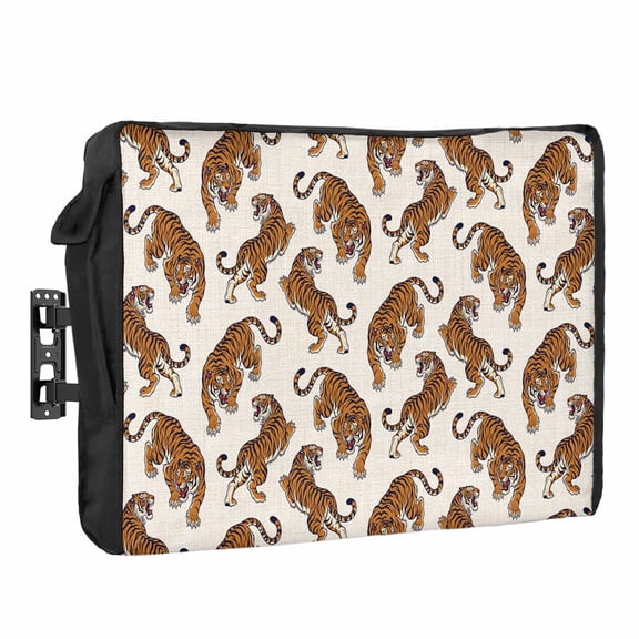 Orange Tiger Waterproof Outdoor TV Cover, Boho Animals Wild Jungle Beige Linen Texture Outside Weatherproof TV Enclosures for 36 to 39 Inch LCD Television Shield Flat Screen Protectors