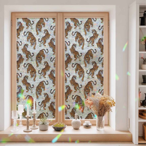 Orange Tiger Window Privacy Film Boho Animals Wild Jungle Beige Linen Texture Static Cling Stained Glass Window Film Non-Adhesive Decorative Decals Rainbow Sticker 23.6"X59"