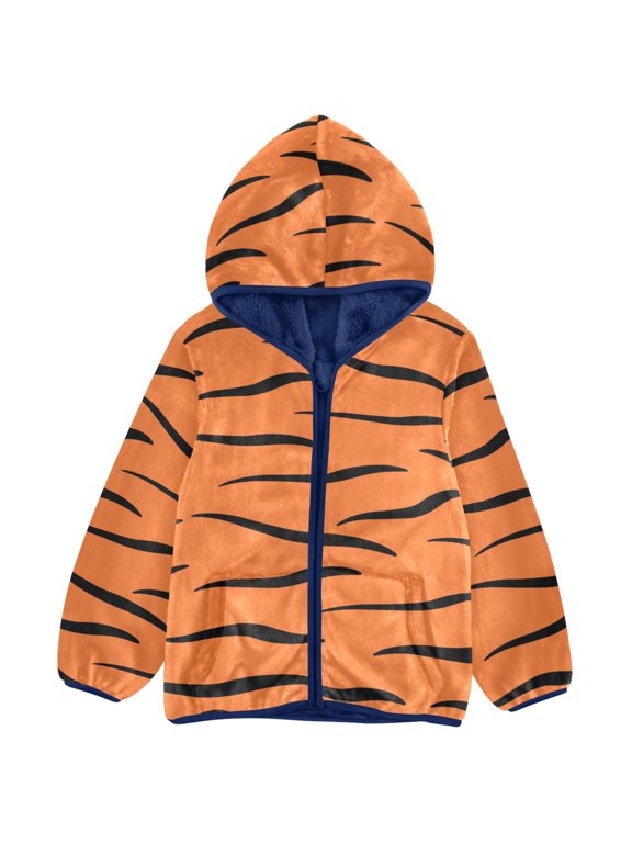 Orange Tigers Print Toddler Fleece Hooded Jacket Zip Warm Coat 4T