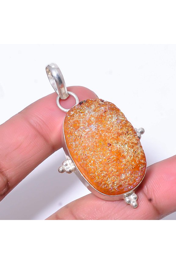 Orange Titanium Agate Drusy - India 925 Sterling Silver Pendant 1.95" P369