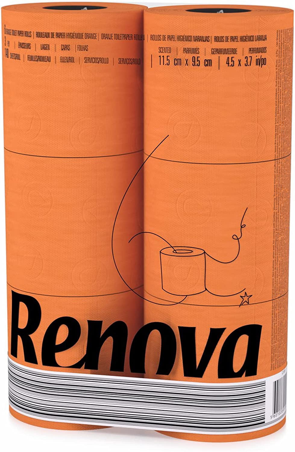 Orange Toilet Paper 3-Ply - Pack of 6 Rolls, 140 Sheets Each - Eco-Label Certified, Dermatologically Tested, Septic Safe, Sustainable & Soft