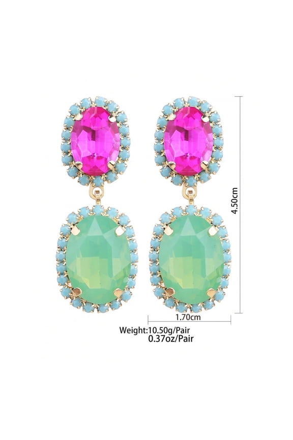 Orange-Tone Oval Drop Earrings With Pink & Green Gemstones, Goldtone Base, Rhinestone Halo Design