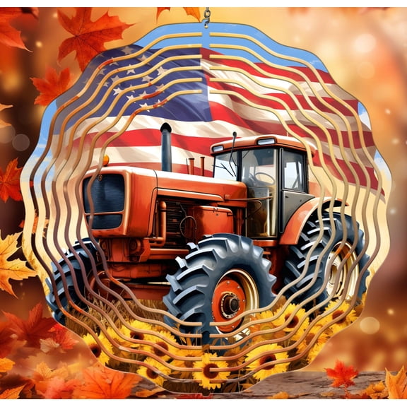 Orange Tractor with Flag & Sunflowers 10-Inch Wind Spinner, Farm Outdoor Dcor