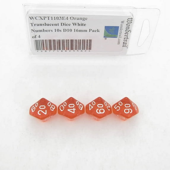 Orange Translucent Dice with White Numbers 10s D10 Aprox 16mm (5/8in) Pack of 4 Wondertrail