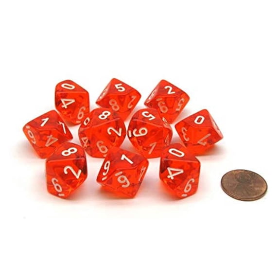 Orange Translucent Dice with White Numbers D10 Aprox 16mm (5/8in) Set of 10 Chessex