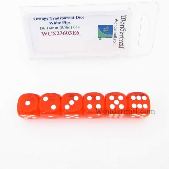 Orange Translucent Dice with White Pips D6 16mm (5/8in) Pack of 6 Wondertrail