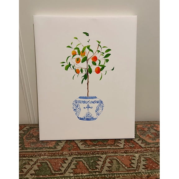 Orange Tree Chinoiserie Blue and White Wall Decor, Unframed Canvas 8x10in