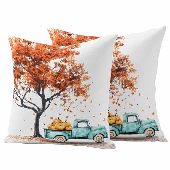 Orange Tree Fall Outdoor Waterproof Pillow Covers, Vintage Teal Truck Thanksgiving Pumpkin Decorative Square Throw Pillowcase Sofa Cushion Sham for Patio/Couch/Chair, 24"x24" 2 Pack