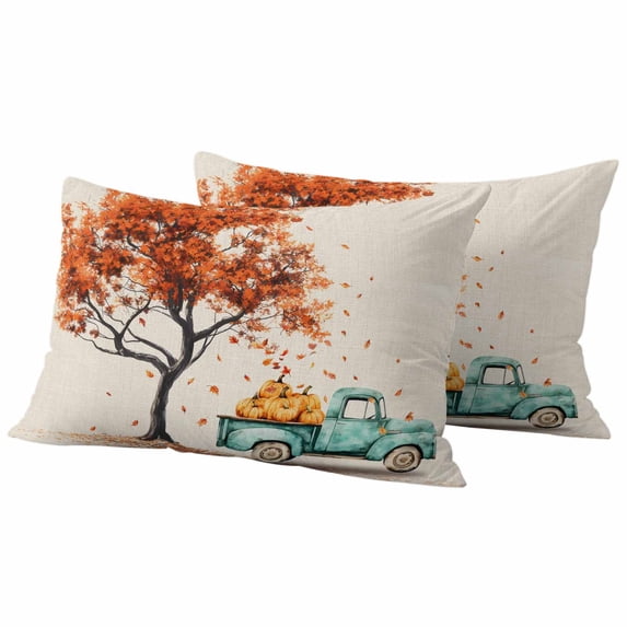 Orange Tree Fall Outdoor Waterproof Pillow Covers, Vintage Teal Truck Thanksgiving Pumpkin Rustic Decorative Rectangle Throw Pillowcase Sofa Cushion Sham for Patio/Couch/Chair, 20"x12" 2 Pack