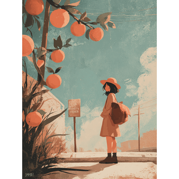 Orange Tree Girl Illustration Canvas Print, Suitable for Living Room, Bedroom, Cafe, Office, Kitchen