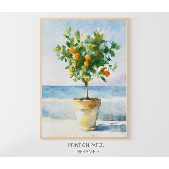 Orange Tree Poster Greece Seascape Mediterranean Wall Art Coastal Artwork Greece Travel, Unframed Canvas Size 24x36