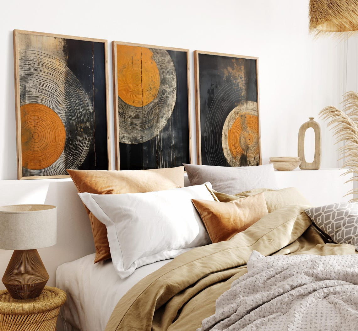Orange Tree Ring Prints Set Of 3, Modern Abstract Wood Wall Art ...