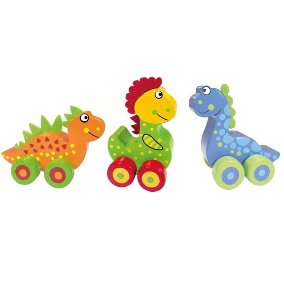 Orange Tree Toys: First Dinosaurs - 3 Hand Painted Wooden Dinos On Wheels, Push Toys, Colorful Patterns, FSC Certified, Toddler & Kids Ages 1+