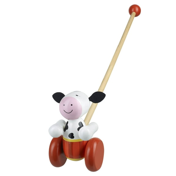 Orange Tree Toys: Push Along: Cow- Wooden Toy, Colorful Wheeled Character w/ Handle, Encourage First Steps, Push & Pull, Toddler & Kids, Ages 1+