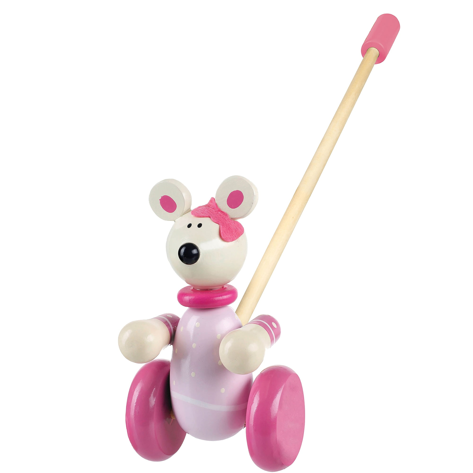 Orange Tree Toys: Push Along: Pink Mouse - Wooden Toy, Colorful Wheeled Character w/ Handle, Encourage First Steps, FSC Certified, Toddler Kids Age 1+