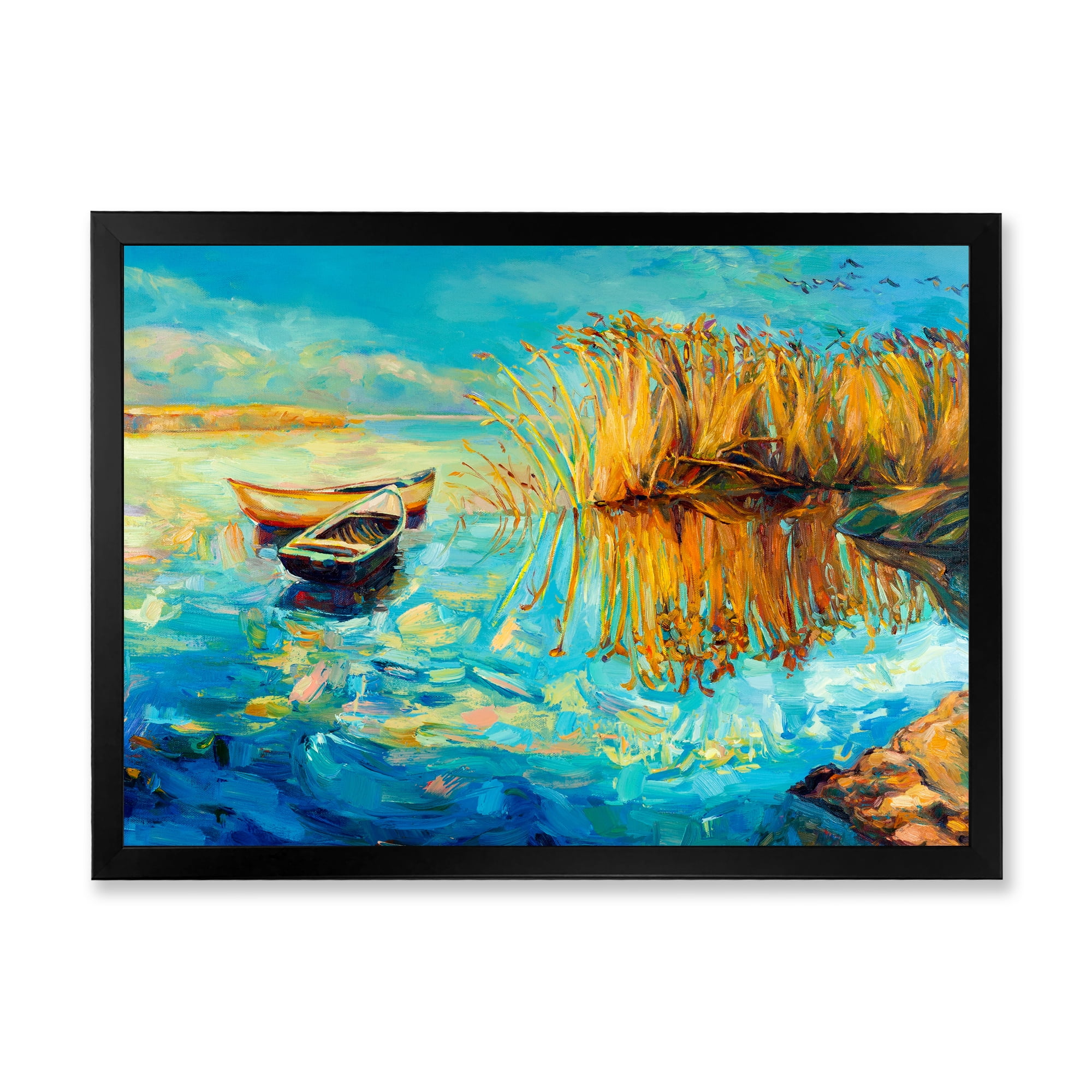Orange Trees With Turquoise Lake During Sunset 20 in x 12 in Framed Painting Canvas Art Print, by Designart