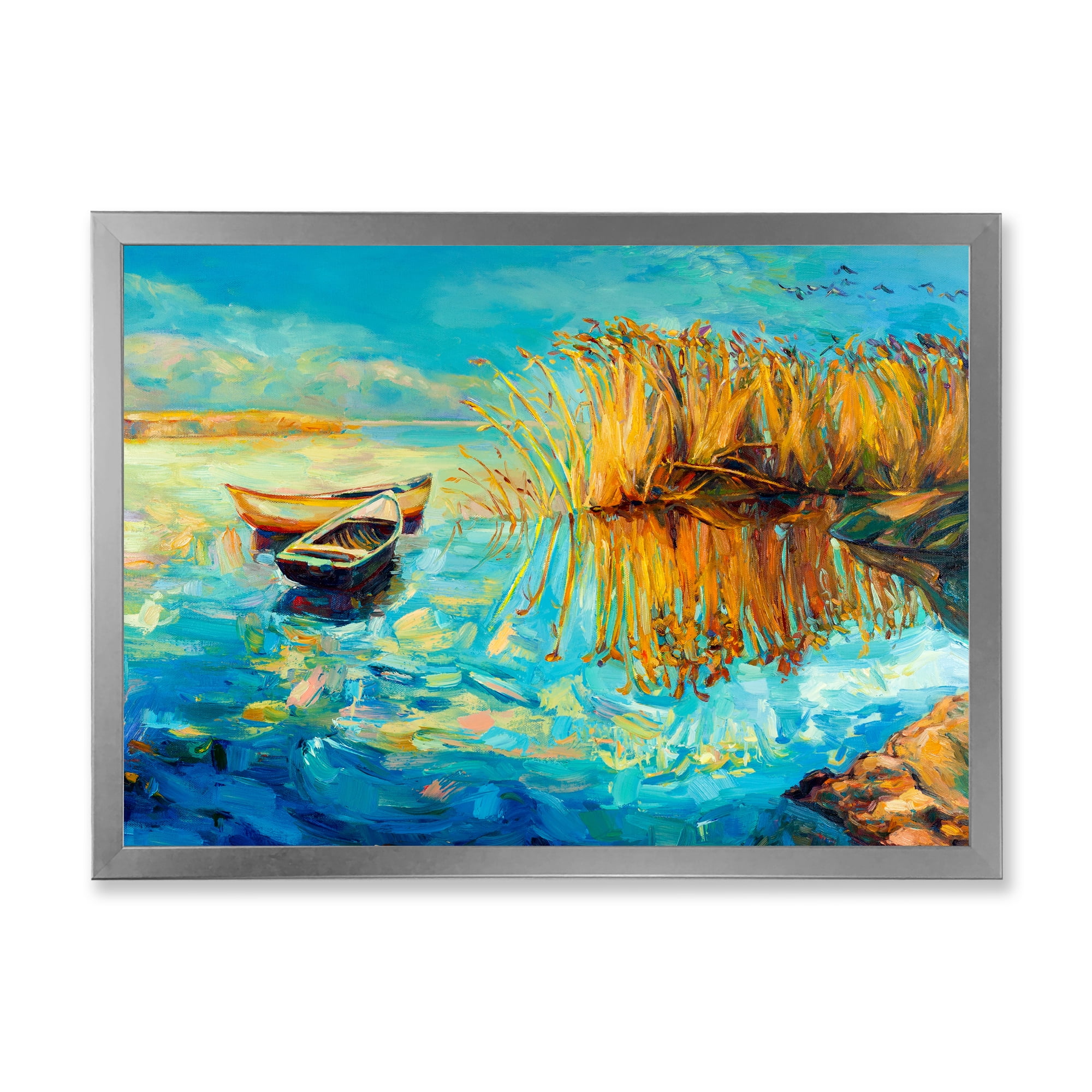 Orange Trees With Turquoise Lake During Sunset 32 in x 24 in Framed Painting Canvas Art Print, by Designart