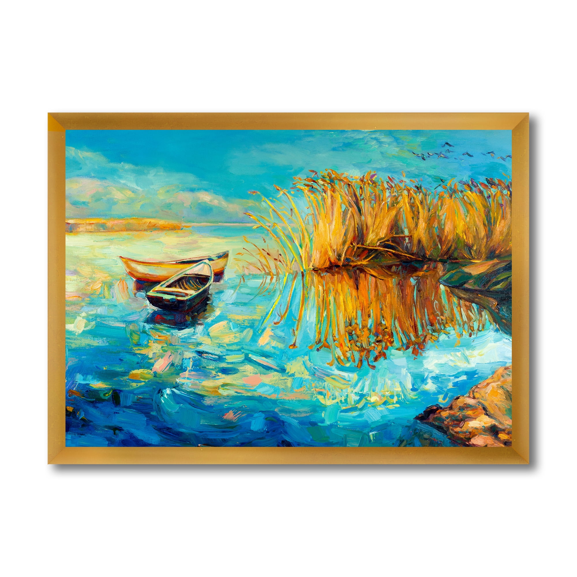 Orange Trees With Turquoise Lake During Sunset 40 in x 30 in Framed Painting Canvas Art Print, by Designart