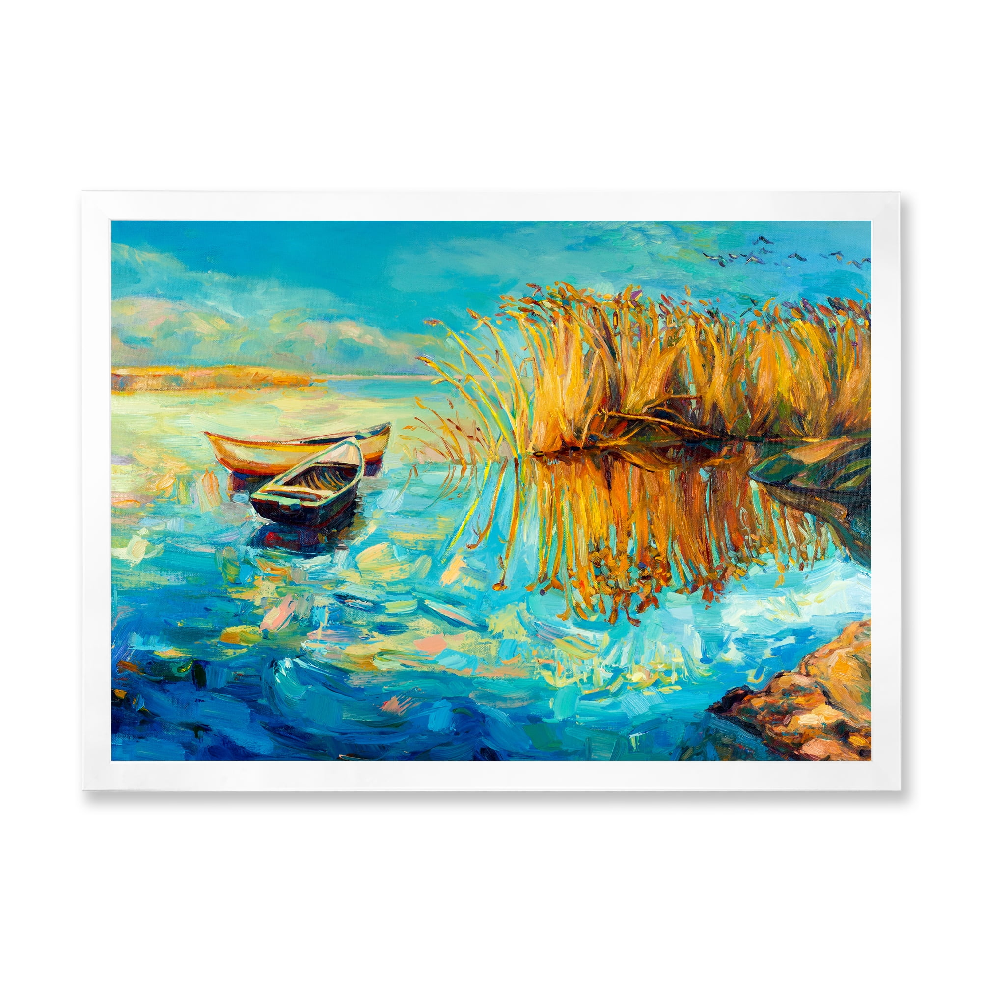 Orange Trees With Turquoise Lake During Sunset 40 in x 30 in Framed Painting Canvas Art Print, by Designart