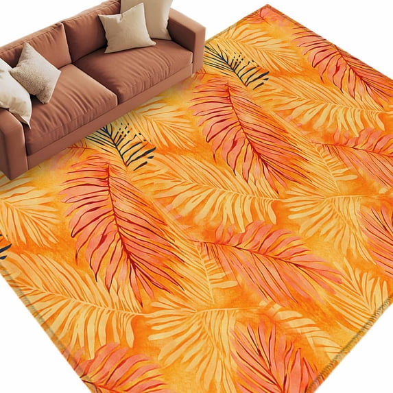 Orange Tropical Leaf Large Area Rugs for Bedroom Living Room, Soft Non Slip Carpet Bedside Rug, Summer Palm Leaves Botanical Rectangular Floor Cover Kitchen Accent Rug 8'x10' for Dining Room/Office
