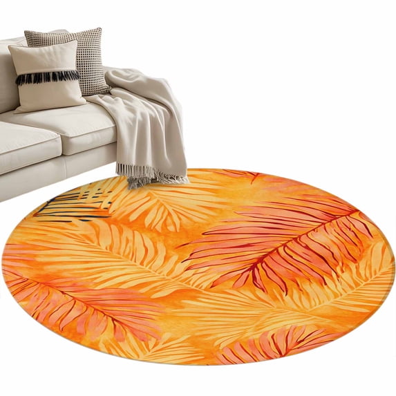 Orange Tropical Leaf Large Area Rugs for Bedroom Living Room, Soft Non Slip Carpet Bedside Rug, Summer Palm Leaves Botanical Round Floor Cover Kitchen Accent Rug 4' for Dining Room/Office