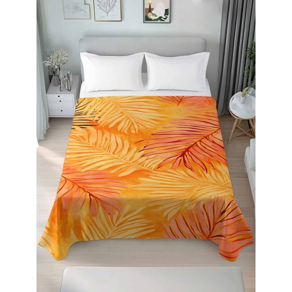 Orange Tropical Leaf Queen Size Flat Sheet, Wrinkleproof & Fadeproof Cooling Flat Bed Sheet Only, Summer Palm Leaves Botanical Breathable Soft Bedding Top Sheets 90 x 102 Inches