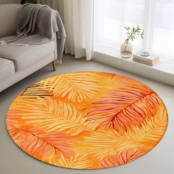 Orange Tropical Leaf Round Area Rug 3.3 FT, Non Slip Small Entryway Kitchen Mat, Summer Palm Leaves Botanical Washable Soft Circular Rug Non-Shedding Door Mat for Bathroom Playroom Kids Room