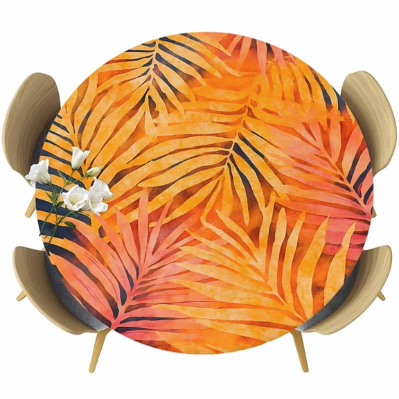 Orange Tropical Leaf Round Tablecloth 36-44 Inch Round Fitted Table Cloth with Elastic Edge, Summer Palm Leaves Botanical Black Waterproof Table Cover Protector for Outdoor Picnic Party Dining
