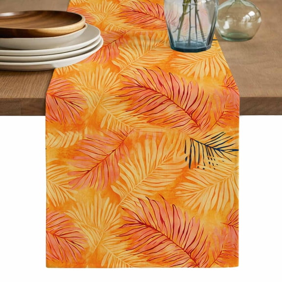 Orange Tropical Leaf Table Runner, Summer Palm Leaves Botanical Washable Cotton Linen Table Runners 36 Inches Long, Dresser Scarf Runner for Nightstand/End Tables/Round Tables 13''x36''