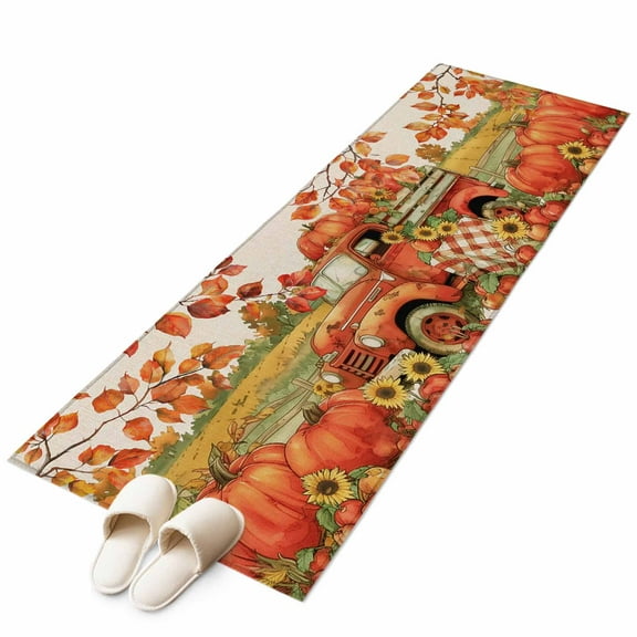 Orange Truck Fall Runner Rug 2x6 FT, Non Slip Hallway Carpet, Autumn Floral Pumpkins Harvest Washable Soft Floor Carpet Throw Runner Carpet Long Rug for Entryway Kitchen Bedside Sliding Door