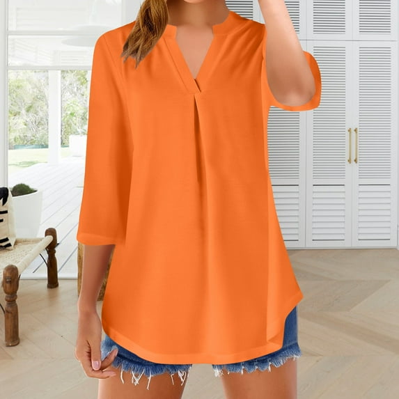 Orange Tshirts for Womens Tops Casual 3/4 Sleeve Blouses V Neck Business Work Shirts Summer Tops