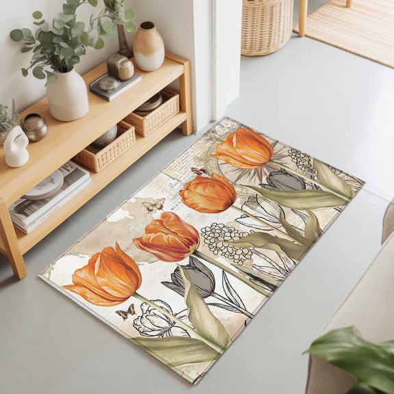 Orange Tulip Flower Plants Rectangle Rug 2'x3' Butterfly Vintage Map Washable Area Rugs for Living Room Bedroom Entryway Non Slip Entrance Door Mat Indoor Floor Carpet